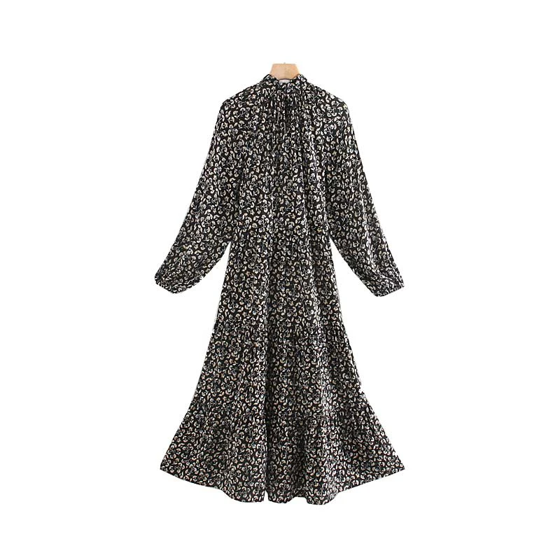 

2020 Summer boho style vintage floral dress women casual long sleeve midi dress korean female elegant black dress streetwear