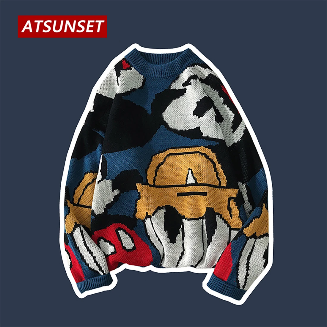 

ATSUNSET Cartoon Mosaic Duck Knit Wool Autumn And Winter Harajuku Japan And South Korea Cute Pullover Daily Streetwear Top