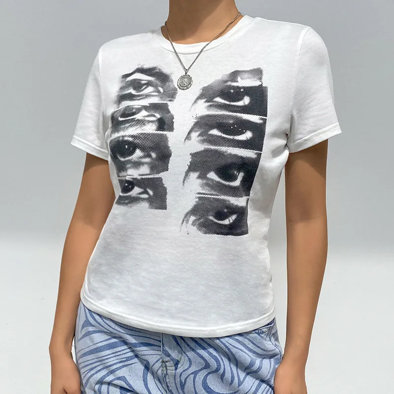 

Retro Punk Eyes Print T-shirt Black White Top Y2K Gothic Short Sleeve Crew Neckline Crop Tops E-girl Aesthetic Tee