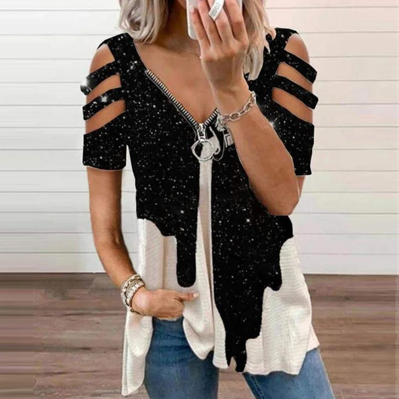 

2021 Spring Summer Fashion V-Neck Zipper Blouses Shirts Women Elegant Solid Hollow Out Pullover Tops Ladies Casual Loose Blusa