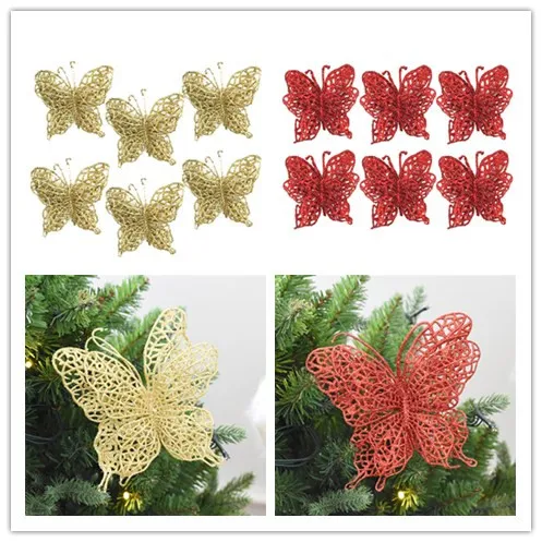 6Pc Christmas Tree Ornaments Simulation Butterfly Flower christmas tree decorations Xmas Hanging Ornament navidadF1031 | Дом и сад