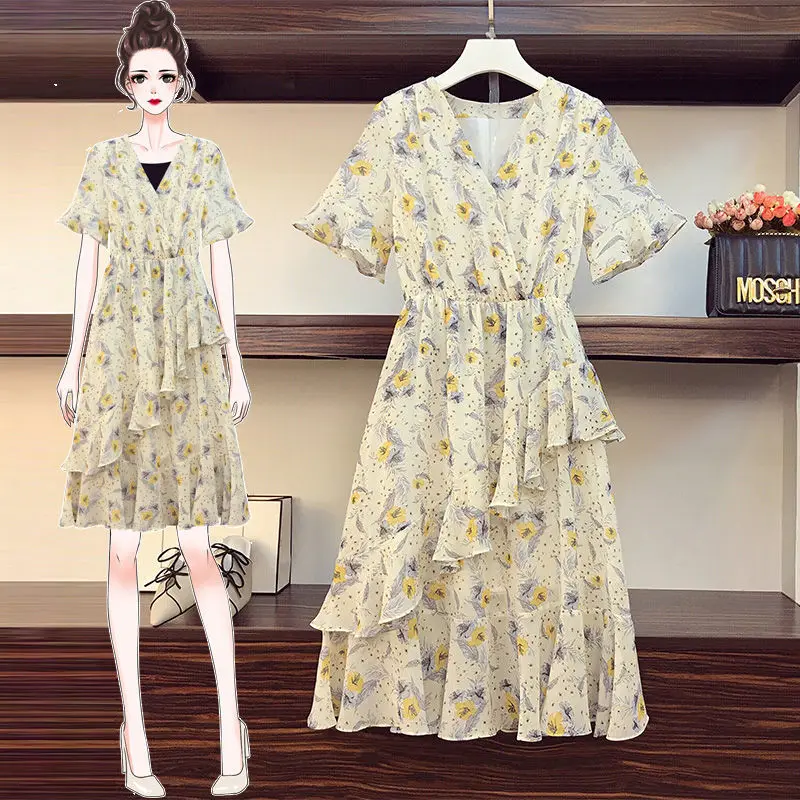 

Large size women's 2021 new summer fat sister age-reducing belly thin gentle chiffon floral dress