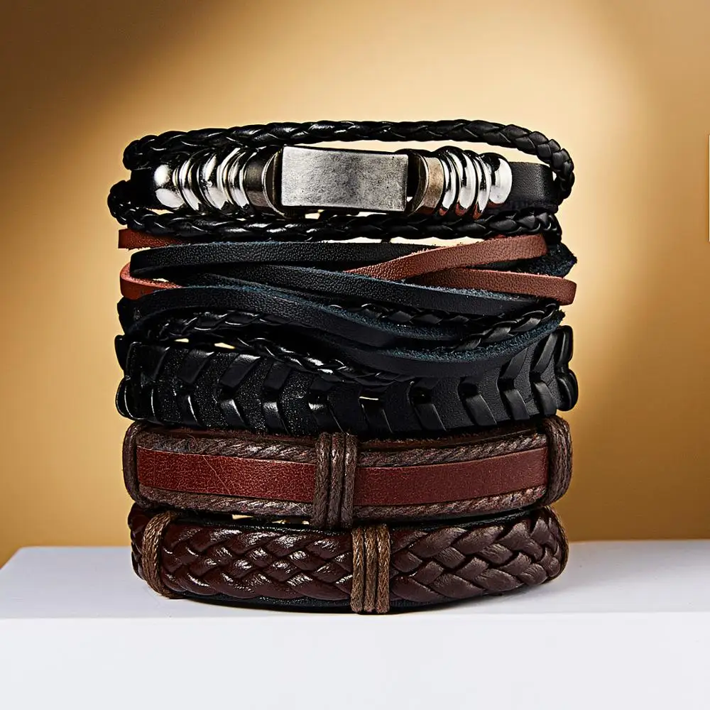 

RINHOO Wholesale Vintage Casual Leather Bracelets Charm Multilayer Braid Wrap Bracelets Bangles Punk Male Rope Chain Men Jewelry