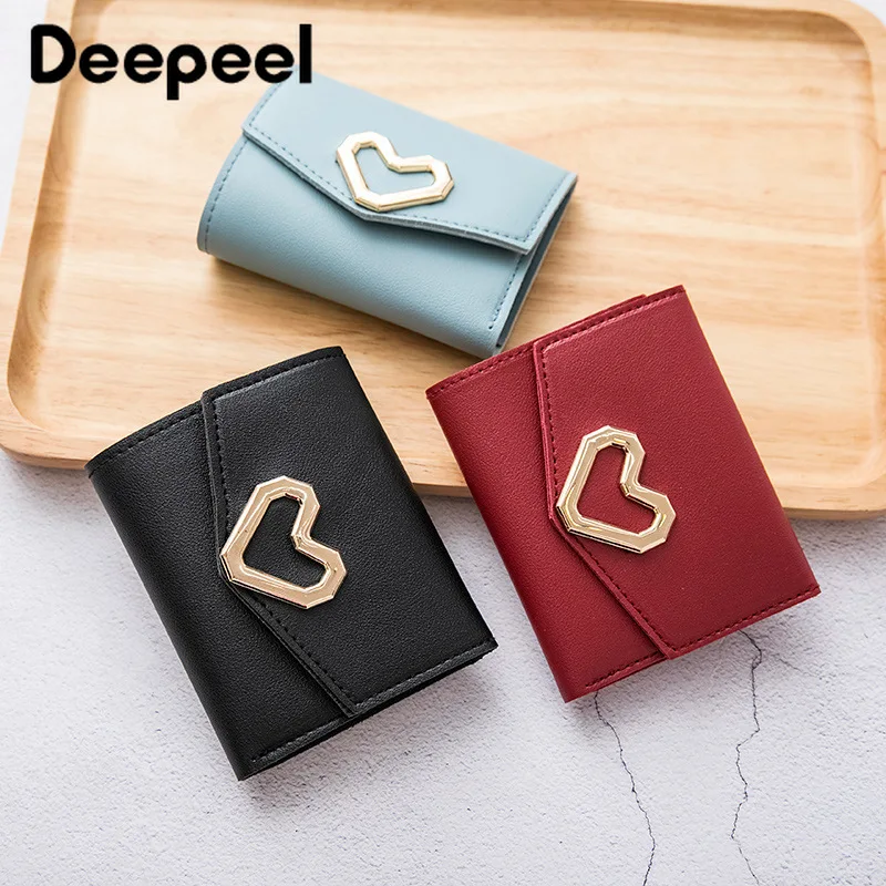 

5pcs 2021 Deepeel 10*12cm Fashion Short Wallet Female Heart-shaped Tri-fold Coin Purse Bags Card Holder Leather Storage Bag