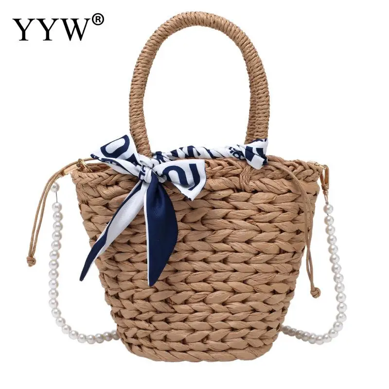 

Leisure Handbags for Women 2021 Designer Luxury Straw Bucket Bag Summer Pleated Handlebag For Women Woven Tote with Pearl Chain
