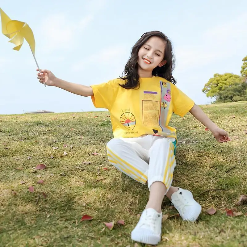 Одежда для девочек 2022 летняя рубашка с коротким рукавом + длинные штаны детский