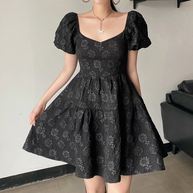 

Waatfaak Short Sleeves Dress Square-neck Collar A-line Mini Y2k Sexy Puff-sleeves Flower Print Elegant Club Lovely 2021 Woman
