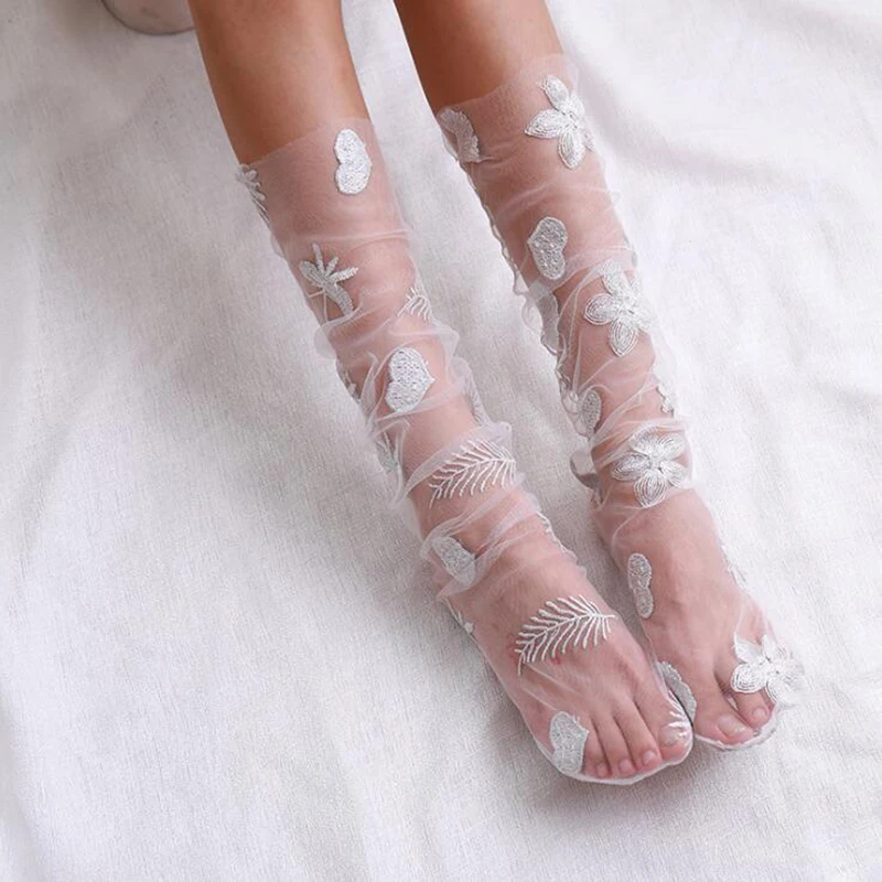 Сексуальные тюлевые носки с сердечками женские прозрачные тонкие длинные