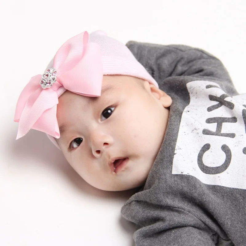 Newborn Baby Girl Boys Cute Striped Bowknot Hospital Hat Beanie Stretchy Cap With Shiny Diamonds hot | Детская одежда и обувь