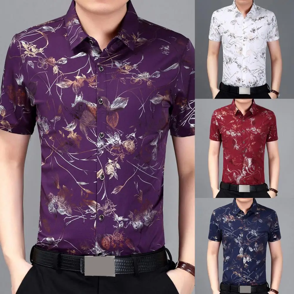 

Men Social Shirt Flower Print Slim Soft Turndown Collar Buttons T-shirt for Working shirt for men fashion Men Clothing 2021