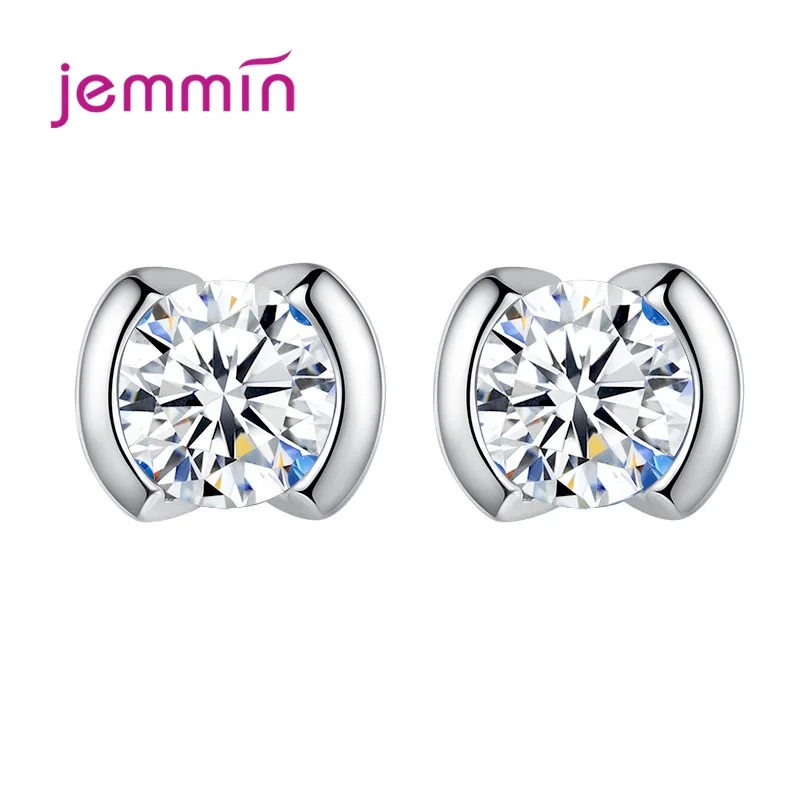 

100% Real 925 Sterling Silver Fashion Minimalism Stud Earrings Clear Crystal Earring For Women Authentic Silver Jewelry