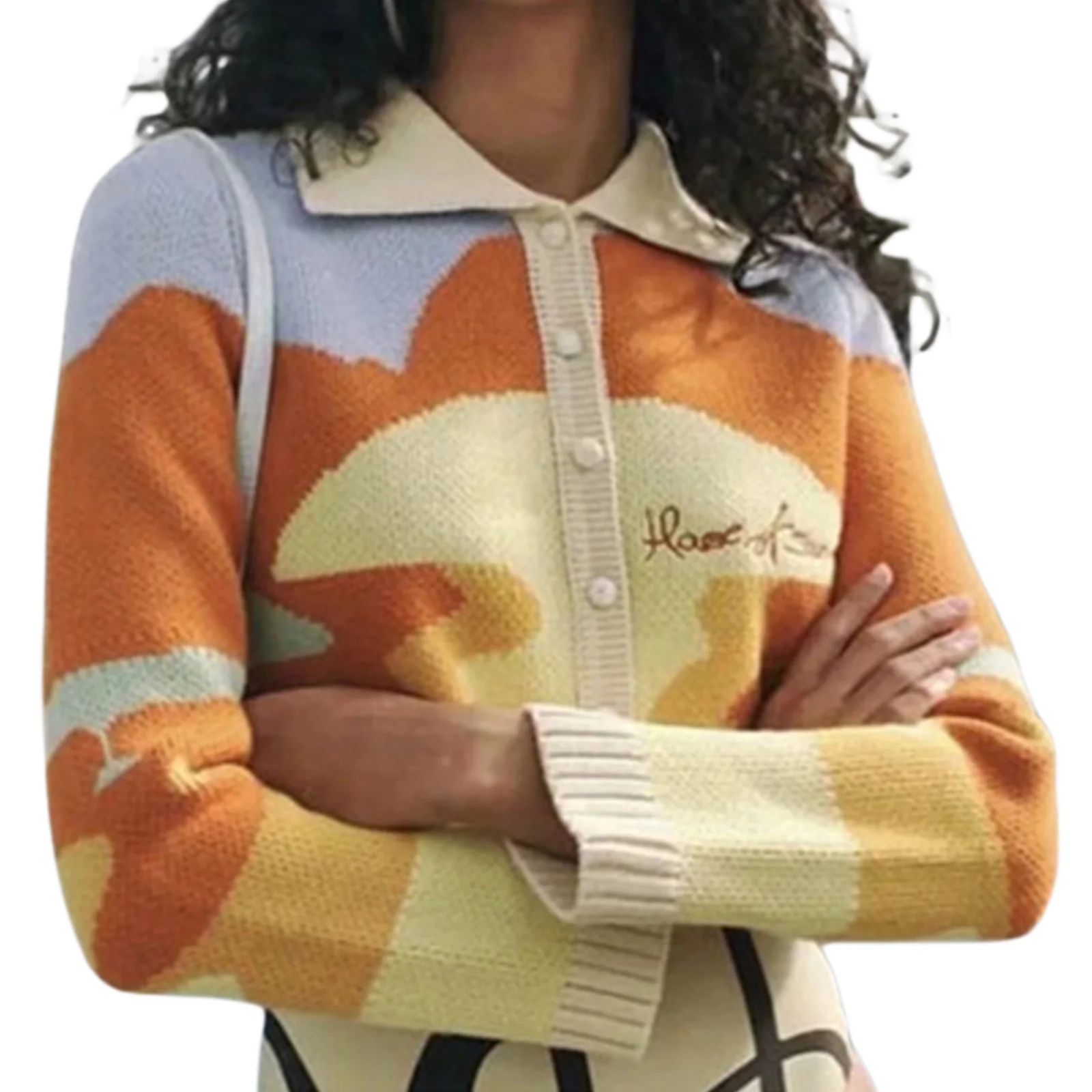 

Женский трикотажный кардиган Hirigin, Вязаный топ с отложным воротником, длинными рукавами, вышивкой буквами, 2021