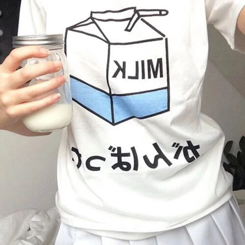 Kawaii Ulzzang Harajuku Эстетическая футболка молоко мультфильм милые девушки персиковый