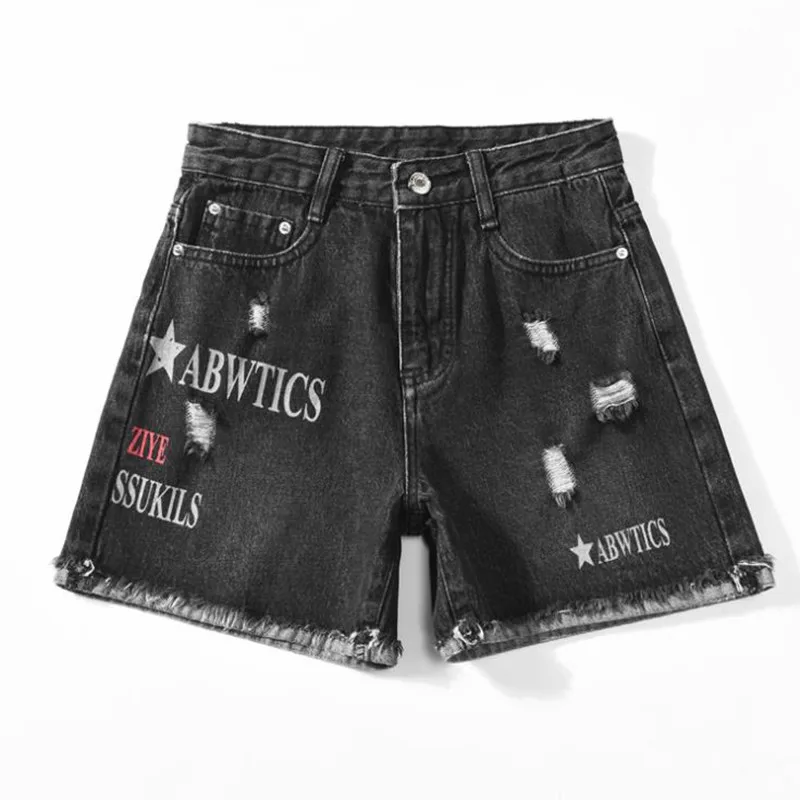 

2021 new lettered denim shorts for women's summer high waist with holes large size skinny rough edge denim shorts