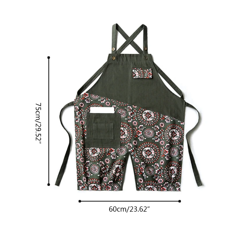 

E56C Floral Stitching Canvas Apron Cross Back Adjustable Chef Apron Multi-pocket Sleeveless Adjustable Strap and Large Pockets