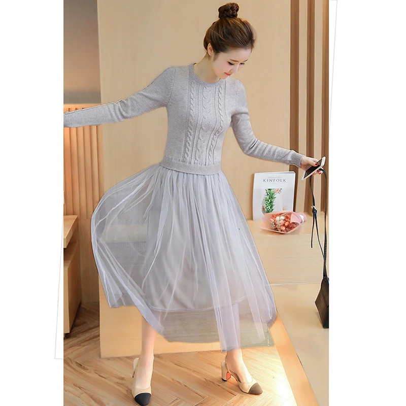 Sweater Dress Gray Осеннее платье-свитер Женское зимнее трикотажное платье с длинным рукавом свитер платье с сеточкой и лоскутным принтом элегантное Ретро повседневное офисное длинное платье - Цвет: Sweater Dress Gray