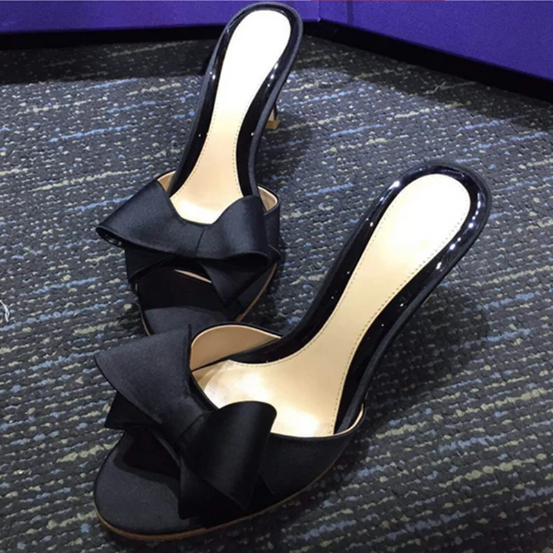 

2021 summer bow slippers fish mouth Satin new sandals thin heel high heel sandals women