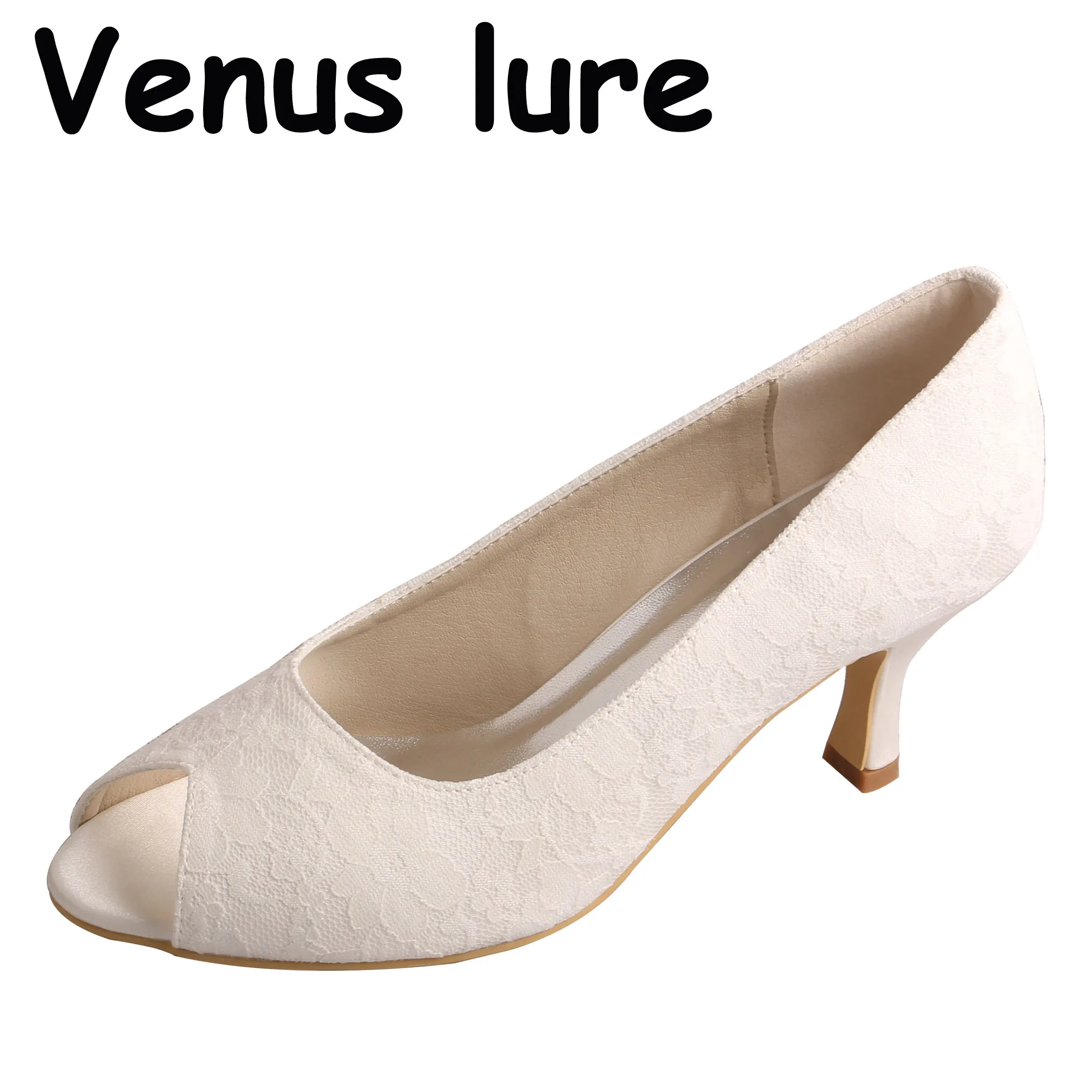

Custom Handmade White Lace Shoes Medium Heel Pumps Open Toe Size 5