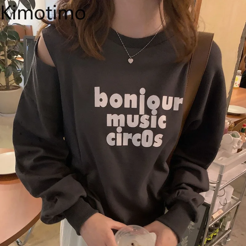

Kimotimo Letter Print Off-shoulder Hoodie Women 2021 Autumn Design O-neck Casual Sweatshirt Korean Ins Fashion Pullover Hoodies