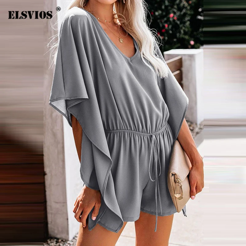 

Женский однотонный комбинезон, летний модный Свободный Повседневный костюм с V-образным вырезом, высокой талией, поясом на шнуровке, расклешенными рукавами и прямыми шортами