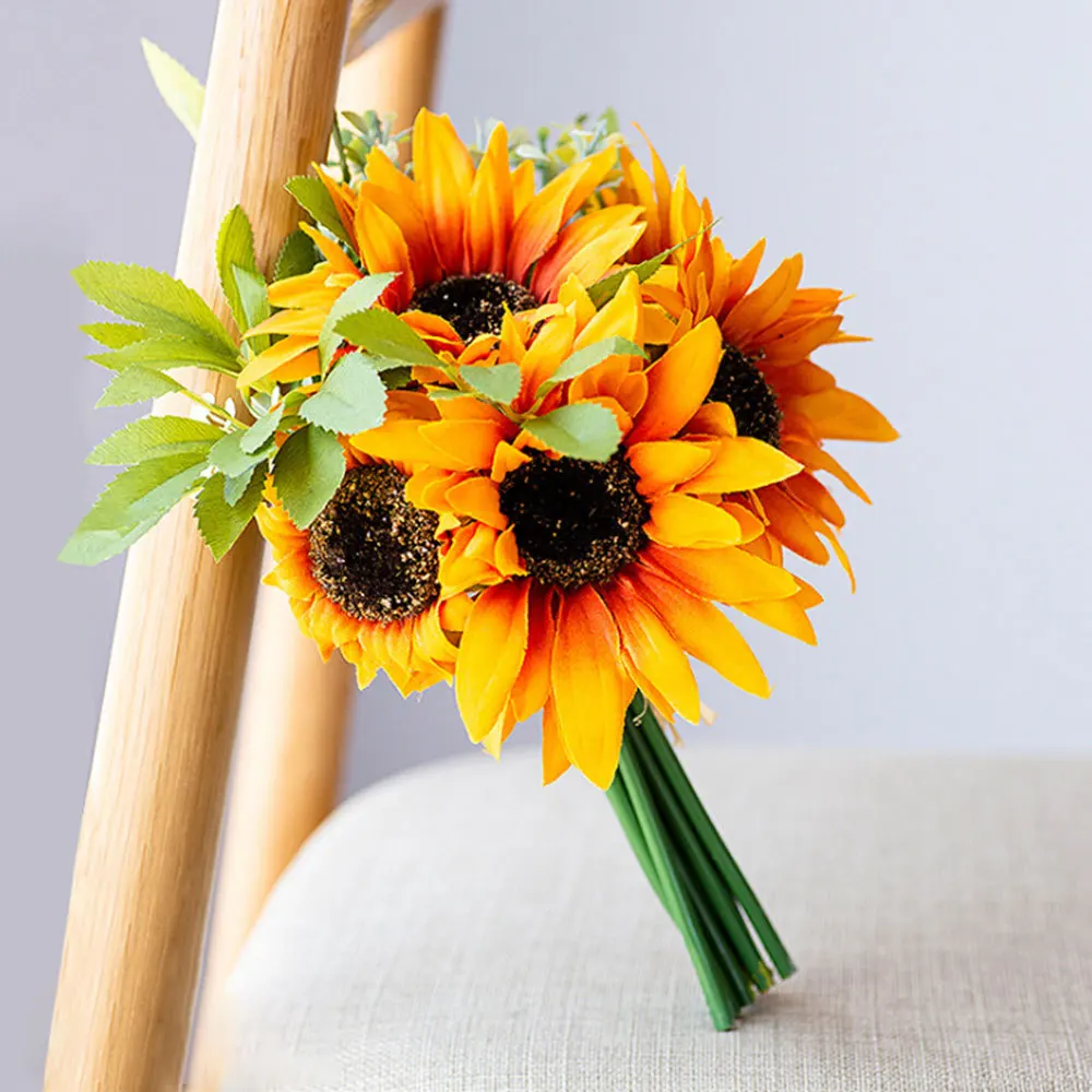 Искусственный цветок розы Букет подсолнечника 5 головок с листьями Шелковый для