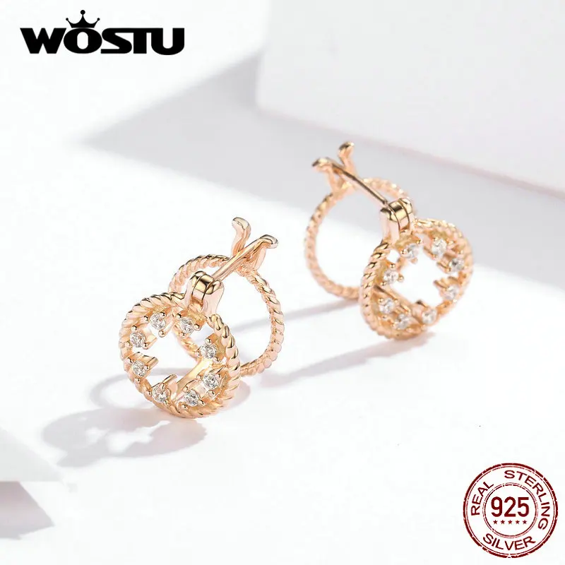 WOSTU, модные, 925 пробы, серебряные, трехмерные круглые серьги-гвоздики, розовое золото, серебро, 925 ювелирные изделия, свадебные серьги CQE697