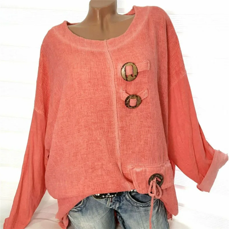 2019 Новая женская рубашка из хлопка и льна одноцветная с круглым вырезом длинными
