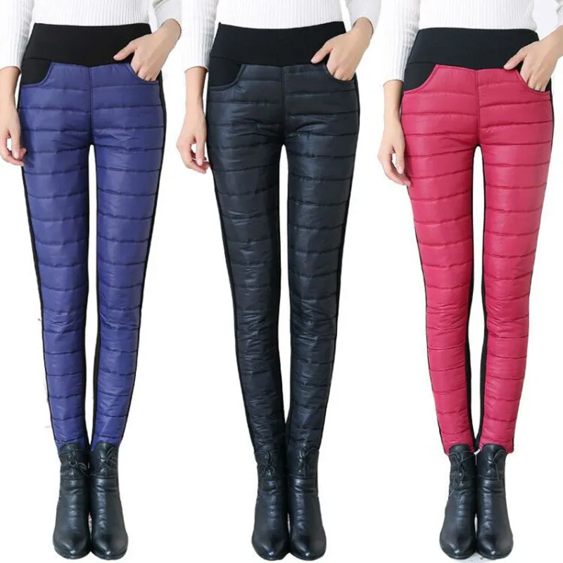

Women Down Pants High Waist Winter Warm Fleece Trousers Casual Mom Thicken Pencil Pants Female Elastic Cotton Patchwork P9605