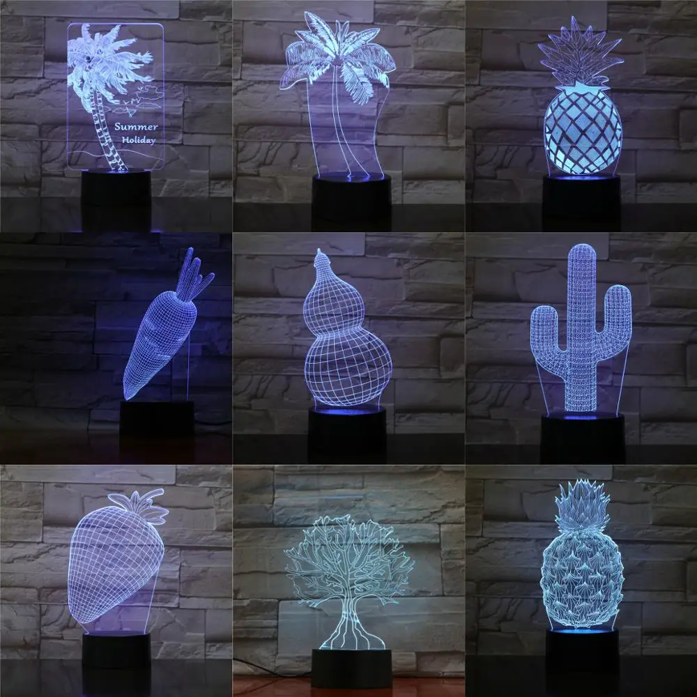 

New 3D Optica Plant Lamp USB LED Night Light Coconut Tree Strawberry Birthday Holiday Present For Kids Abstract Acrylic Lamparas