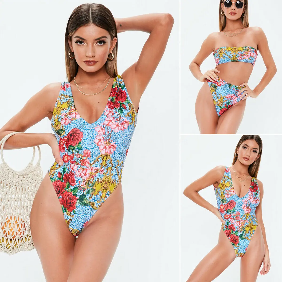 Женский раздельный купальник с V-образным вырезом и цветочным принтом Женская