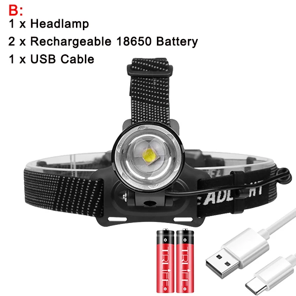 Package B Супер яркий светодиодный налобный фонарь XHP50 V6, налобный фонарь, Перезаряжаемый USB 18650, Фонарь для рыбалки и велосипеда - Испускаемый цвет: Package B