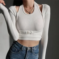 sexy slim fit u neck fake two piece tops high waist long sleeved bottoming t shirt female 2021 spring summer top