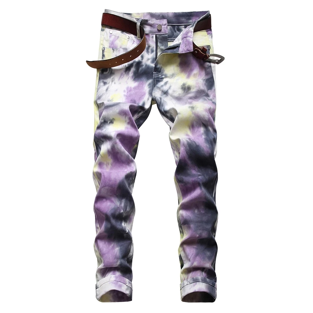 

New Men's Male Fashion Casual Tie and Dye Stretch Denim Jeans Trendy Fancy Colored Purple Printed Pants Trousers