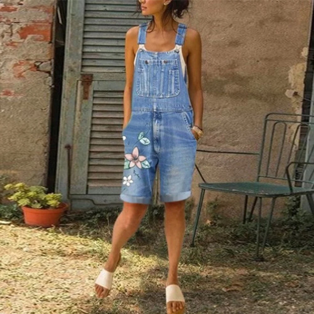 

Littlerossa Short Denim Jumpsuit 2020 Summer Women Spaghetti Strap Floral Printed Pocket Streetwear Jeans Rompes Jumpsuits