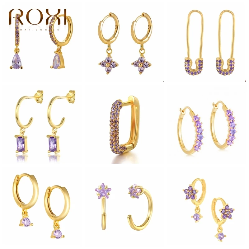 

ROXI Purple Zircon Crystals Stud Earrings for Women Girl Summer Silver 925 Jewelry Earrings 2021 Trendy Geometry Earrings Huggie