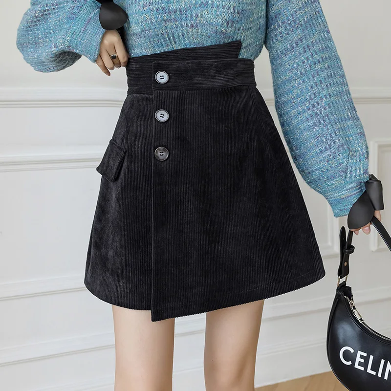 

BETHQUENOY Black Irregular Skirts Saias Mulher Plisada Spodnica Damska Fake Pocket Skirt Femme Mini Jupe Women Mujer Faldas 2021