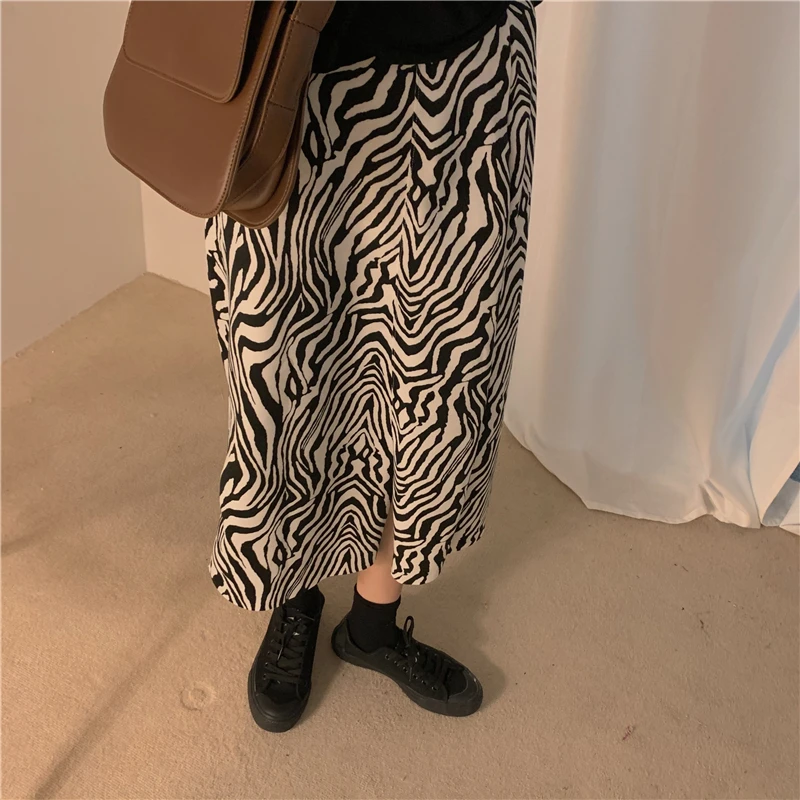 

GOOHOJIO 2020 New Zebra Print High Waist Long Skirt Autumn A Line Elegant Skirt Woman Fashion Casual Vintage Urban Women's Skirt