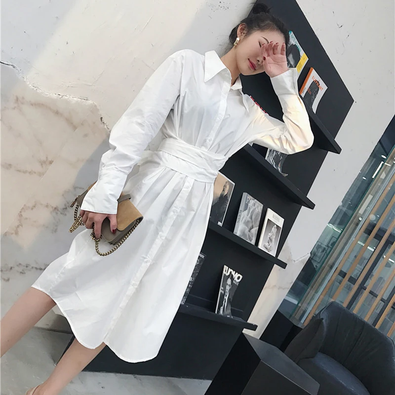 Новое поступление Осеннее женское белое платье рубашка с длинным рукавом и