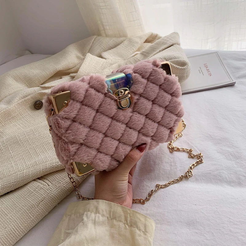 Зимние Роскошные сумки модная меховая жесткая сумка на плечо одноцветные цепи