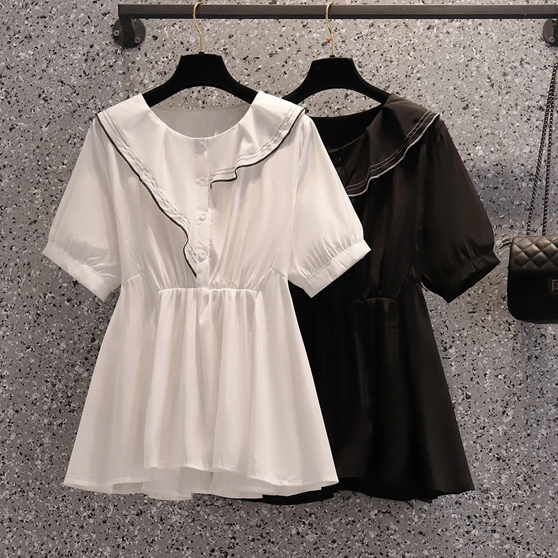 

EHQAXIN Summer Large Size Women's Chiffon Shirt Tops Round Neck Short Sleeve Loose Baby Shirt Button Dress Casual Fashion L-4XL