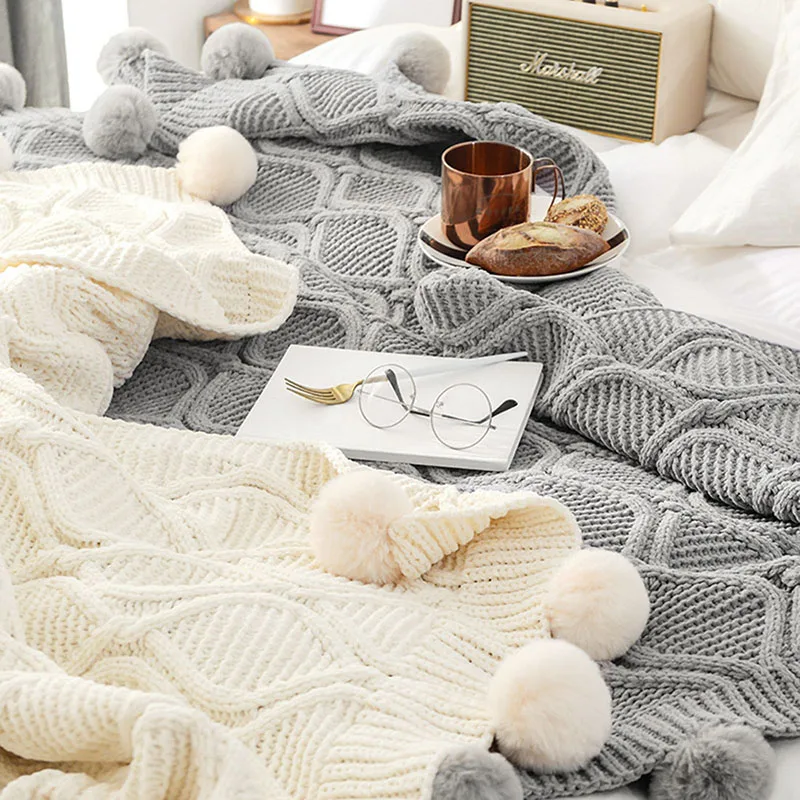 

Chenille Sofa Blankets Knitted Blanket Air Conditioner Soft Towels with Balls Solid Color Throw Rug Camping Picnic Mat Bed Decor