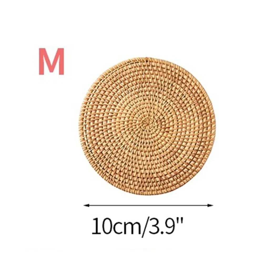

Rattan Woven Placemat Retro Heat Insulation Tea Coaster Round Desktop Coffee Mat Woven Coaster For Home Decor