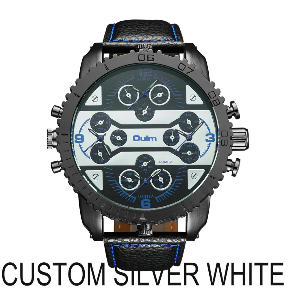 CUSTOM SILVER WHITE OULM спортивные кварцевые часы мужские большой чехол военные мужские s часы лучший бренд класса люкс кожаный ремешок 4 часовых пояса модные повседневные наручные часы - Цвет: CUSTOM SILVER WHITE