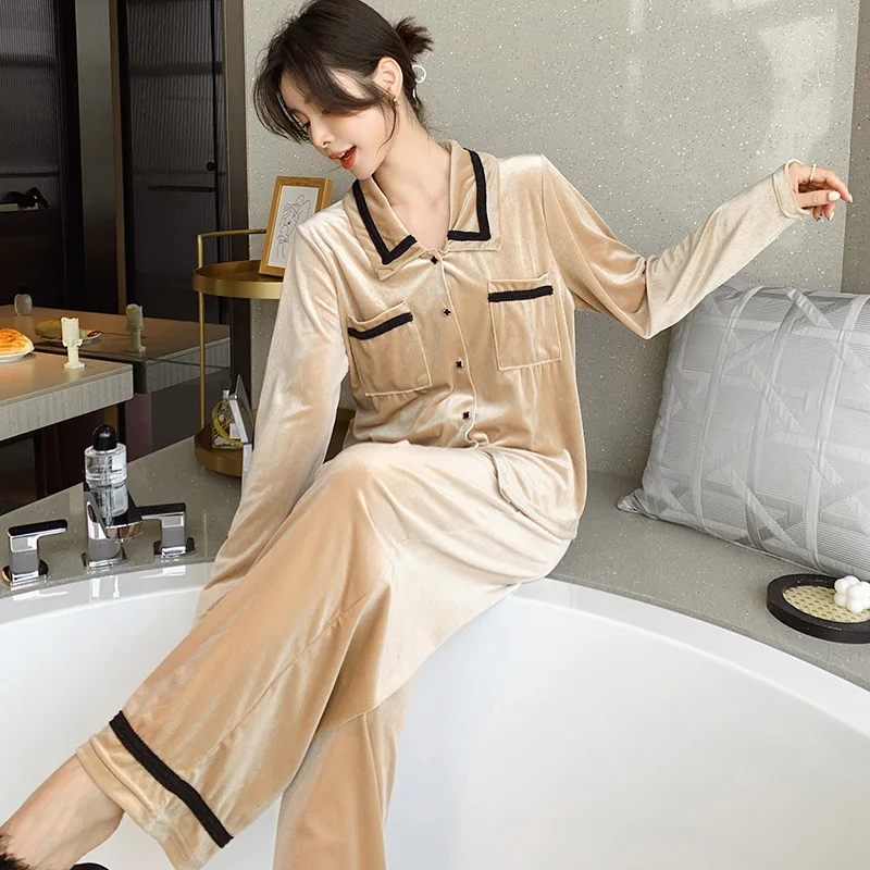 QWEEK Velvet Luxury Pajamas for Women Winter Warm Pijamas Autumn Sleepwear Long Sleeve Pyjamas Soft Comfortable Nightwear Suit