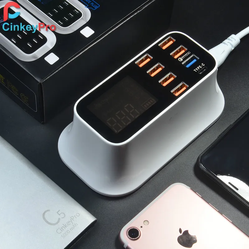 CinkeyPro LED дисплей 7 портов USB зарядное устройство с Type C для Samsung iPhone iPad планшет