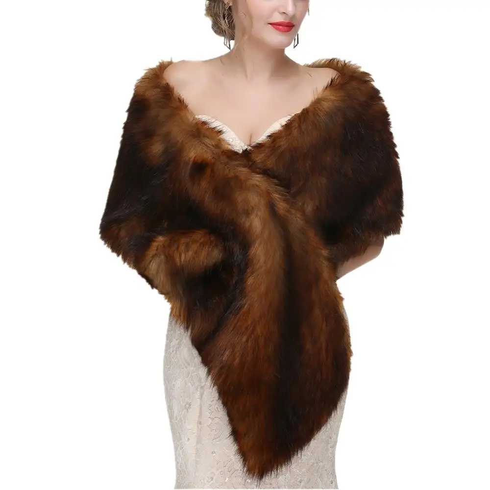 Women Winter Faux Fox Fur Coat Jacket Faux Fur Shawl Wrap Stole Bridal Wedding Cover Up
