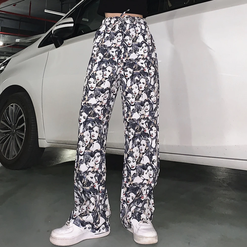 

Dark Icon Full Printed Straight High Waist Women Pants Street Fashion Girl Studnets Trousers