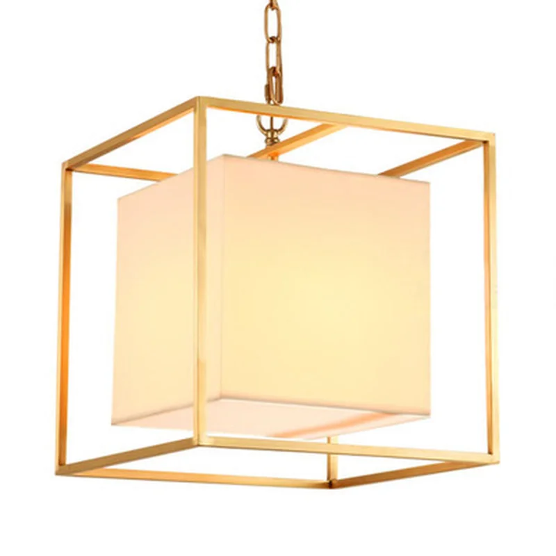 European American golden square cube copper brass LED pendant lamp light fabric frame modern hanging chain | Освещение