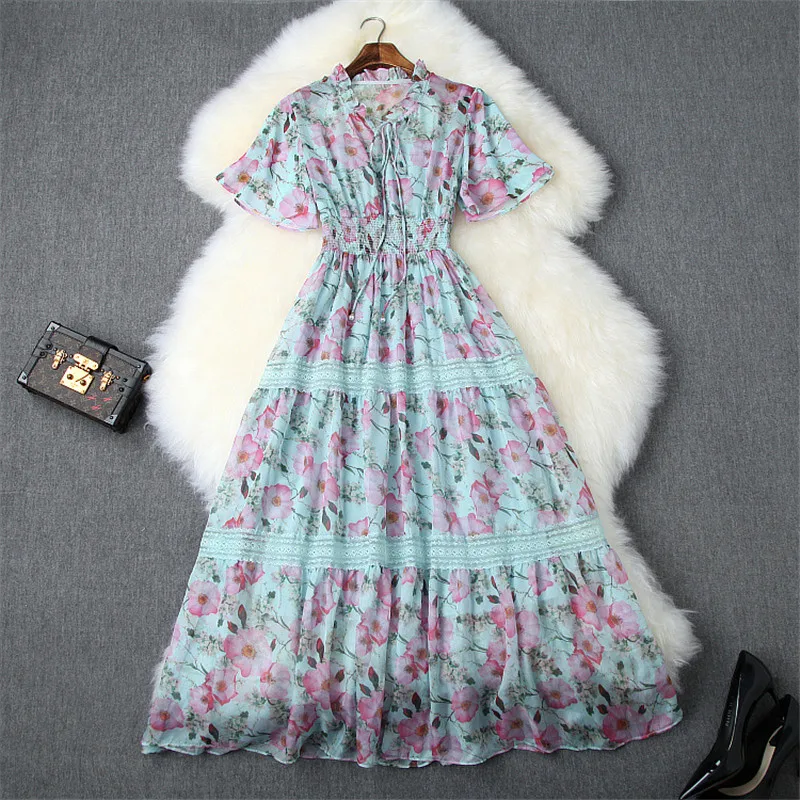 

Fashion Short Sleeve Elastic Waist Floral Print Midi Chiffon Holiday Beach Boho Dress Summer Dresses Women 2019 New Designers