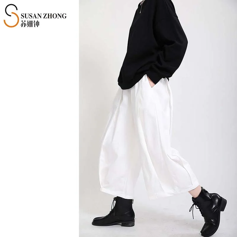 

Women Pants Female Trousers Ladies Bottom Japanese Style Designer Autumn Spring Loose Wide-Leg Linen Elastic Waist Pocket Pleats